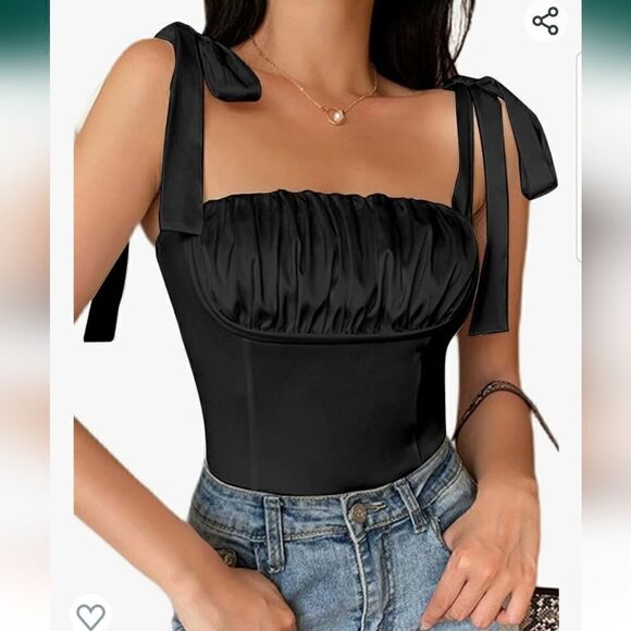 Umenlele Women's Satin Ruched Sleeveless Tie Shoulder Square Neck Bodysu…Large - Picture 2 of 14